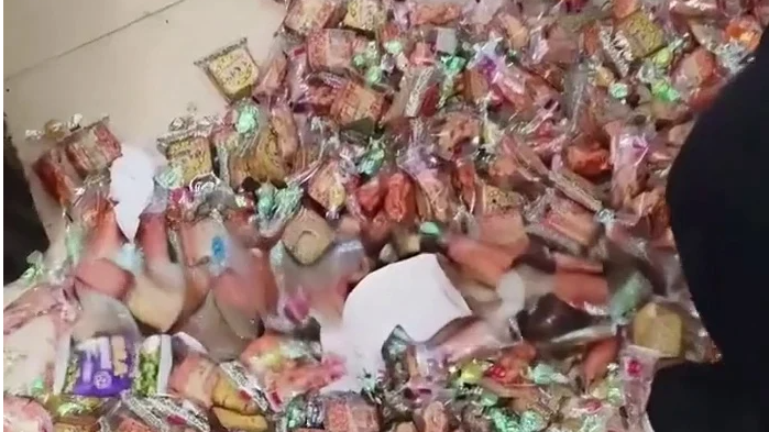  维修工发现空调被老鼠囤满零食