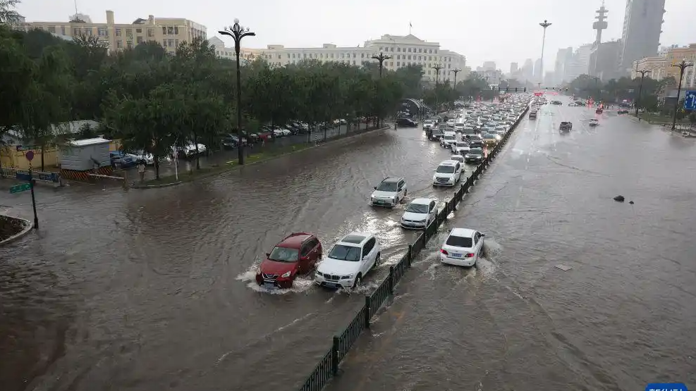  哈尔滨暴雨市民用桨板运送被困路人
