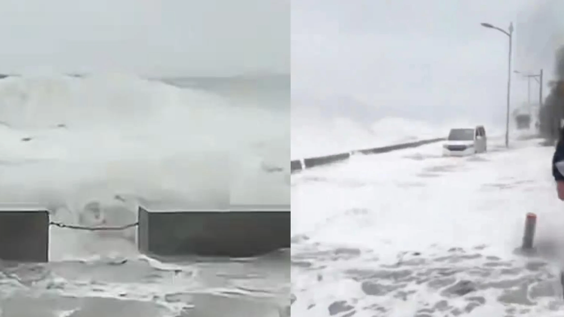  三亚海边狂风掀巨浪淹没公路