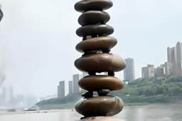   女生在江边搭石头塔垒到三十三层 缩略图