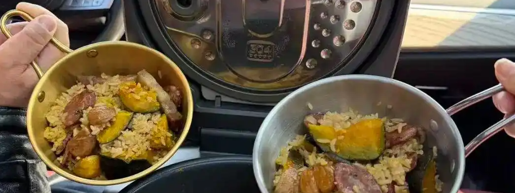 夫妻回家过年带一锅焖饭上高速